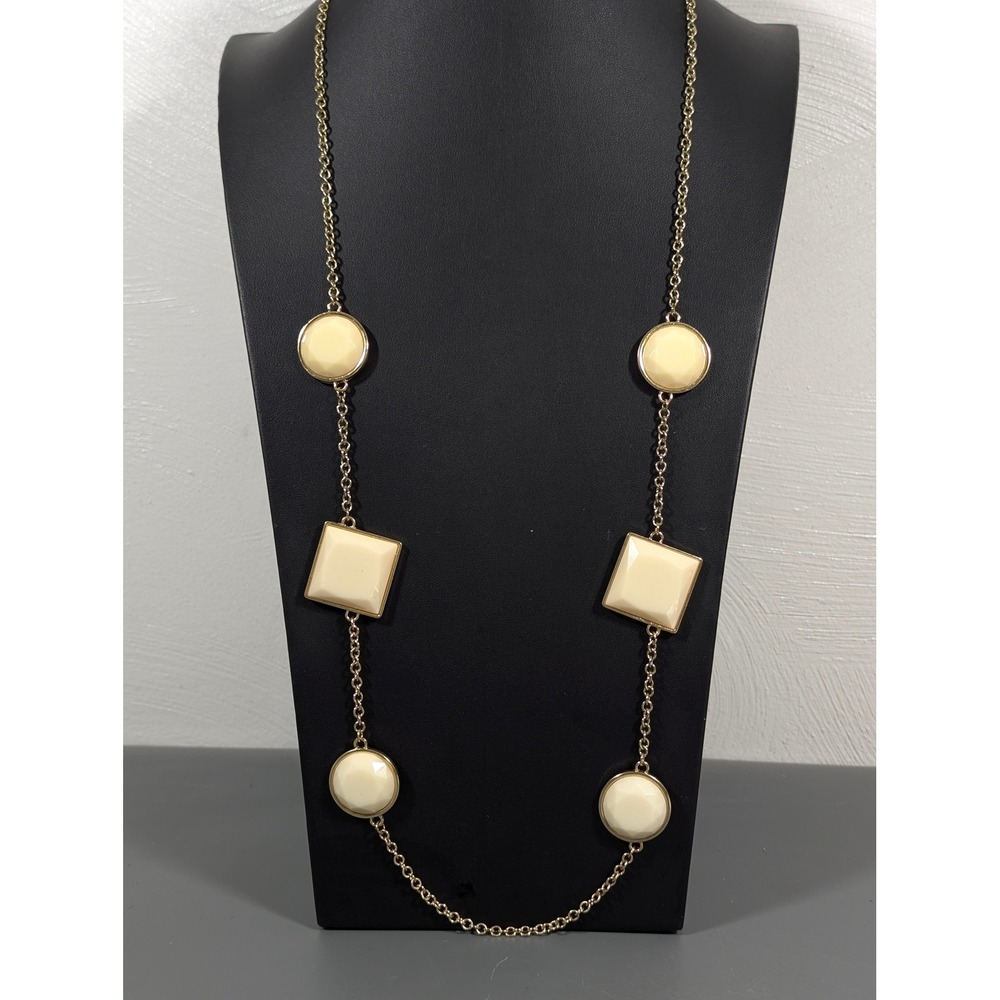 J.S. Gold Tone Long Necklace Cream Cabochon Stations 37 in Signed